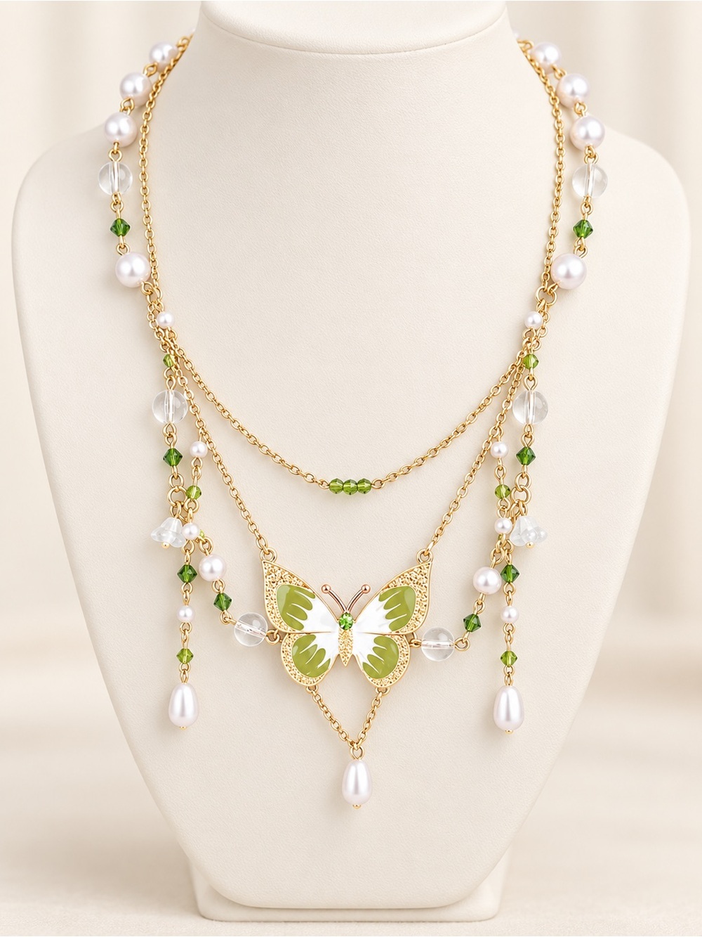 Gold Layered Necklace with Green Butterfly Pendant and Pearls